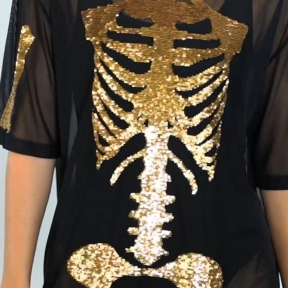 Tipsy Elves Black Sheer Mini Dress with Gold Sequin Skeleton - Picture 2 of 7